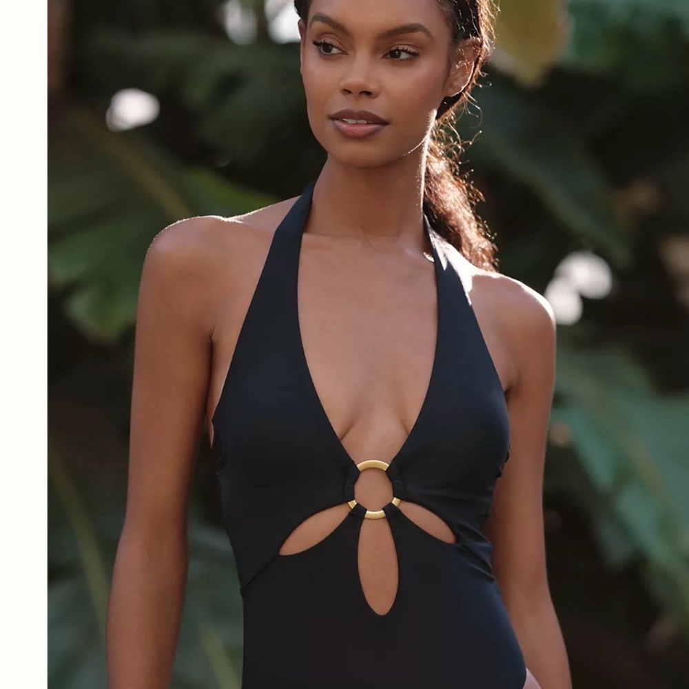 Cupshe Black Halter One-Piece with Gold Ring Cutouts